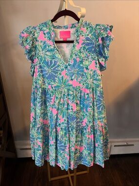 Lilly Pulitzer Floral Ruffle-Sleeve Dress in Pink and Blue Lined Cotton. Size L.